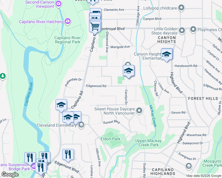 map of restaurants, bars, coffee shops, grocery stores, and more near 1085 Edgewood Road in North Vancouver