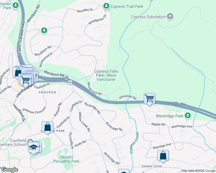map of restaurants, bars, coffee shops, grocery stores, and more near 4408 Woodpark Road in West Vancouver