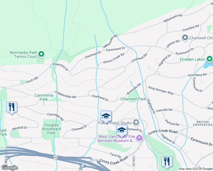 map of restaurants, bars, coffee shops, grocery stores, and more near 1409 Chartwell Drive in West Vancouver