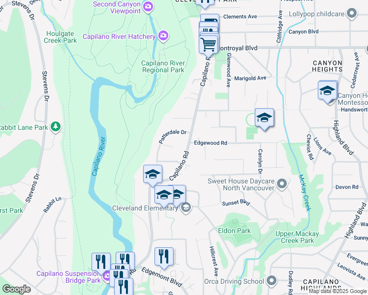 map of restaurants, bars, coffee shops, grocery stores, and more near 4379 Capilano Road in North Vancouver