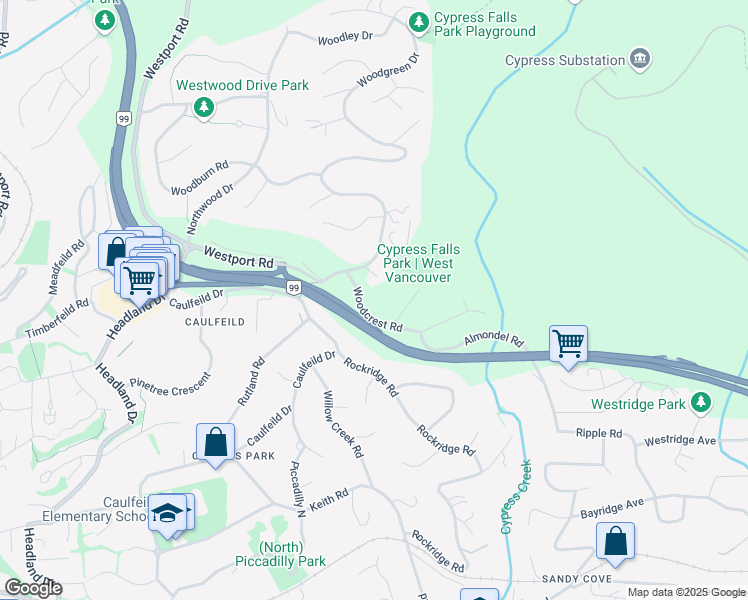 map of restaurants, bars, coffee shops, grocery stores, and more near 4514 Woodgreen Drive in West Vancouver