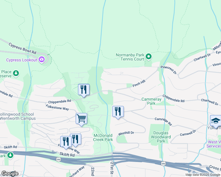 map of restaurants, bars, coffee shops, grocery stores, and more near 1605 Chippendale Road in West Vancouver
