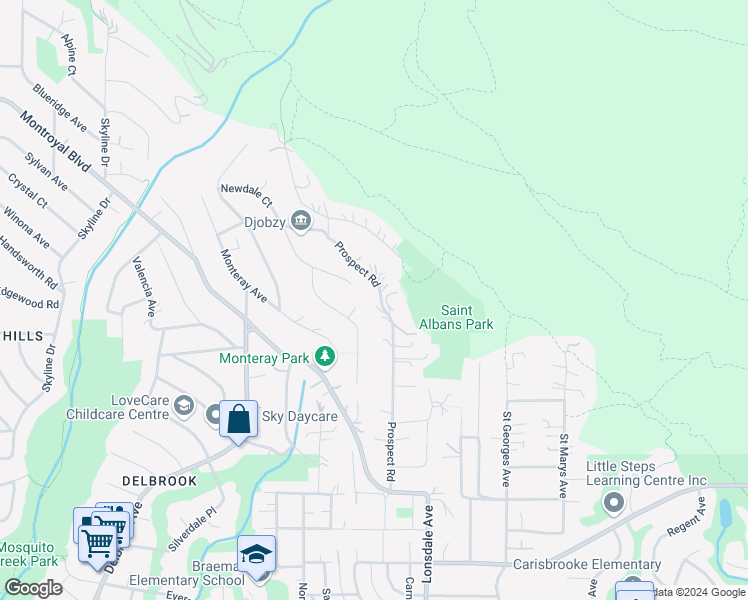 map of restaurants, bars, coffee shops, grocery stores, and more near 4429 Prospect Road in North Vancouver