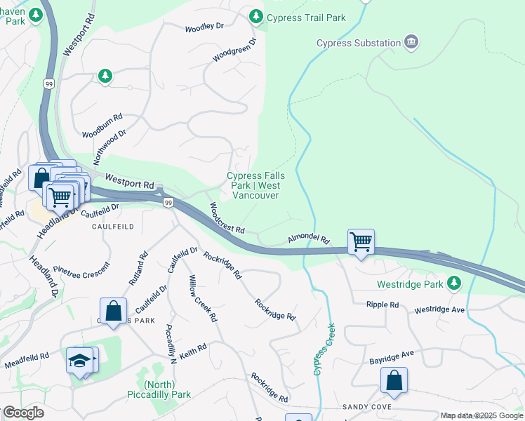 map of restaurants, bars, coffee shops, grocery stores, and more near 4408 Woodpark Road in West Vancouver