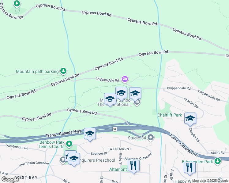 map of restaurants, bars, coffee shops, grocery stores, and more near 2958 Burfield Place in West Vancouver