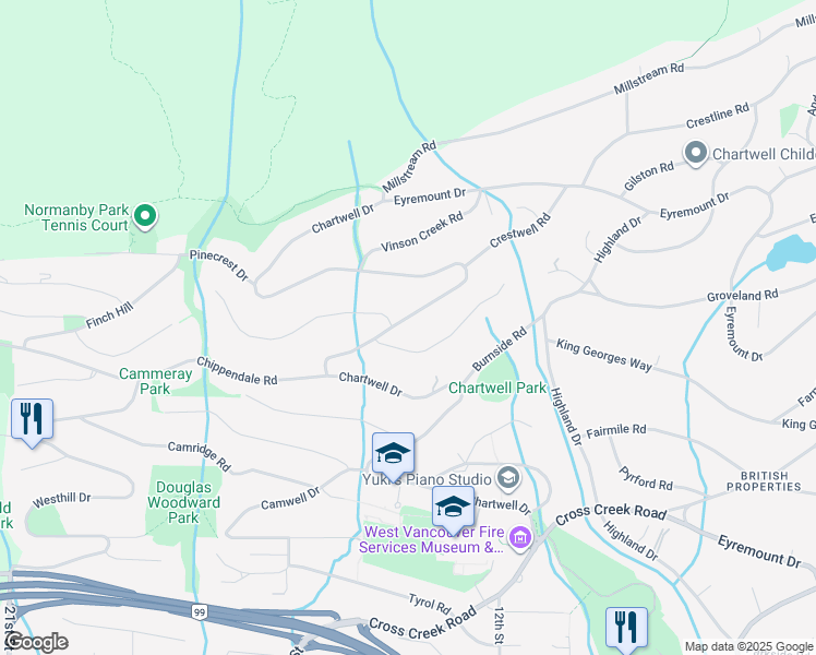 map of restaurants, bars, coffee shops, grocery stores, and more near 1411 Chartwell Drive in West Vancouver