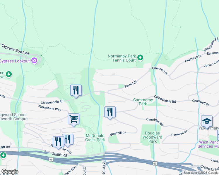 map of restaurants, bars, coffee shops, grocery stores, and more near 1638 Langton Place in West Vancouver