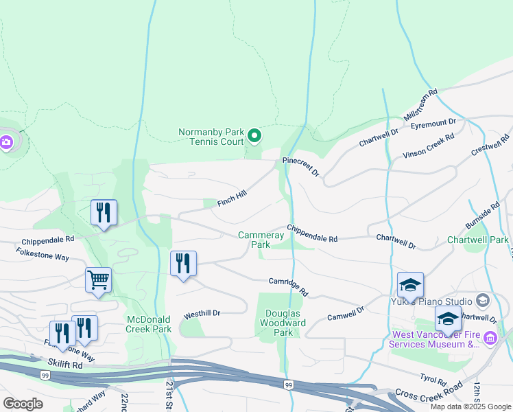 map of restaurants, bars, coffee shops, grocery stores, and more near 2682 Finch Hill in West Vancouver