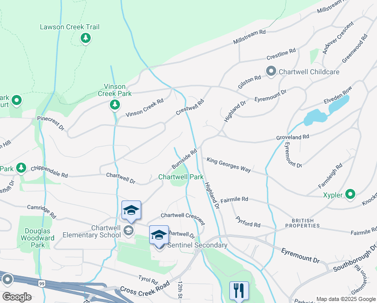 map of restaurants, bars, coffee shops, grocery stores, and more near 1380 Burnside Road in West Vancouver