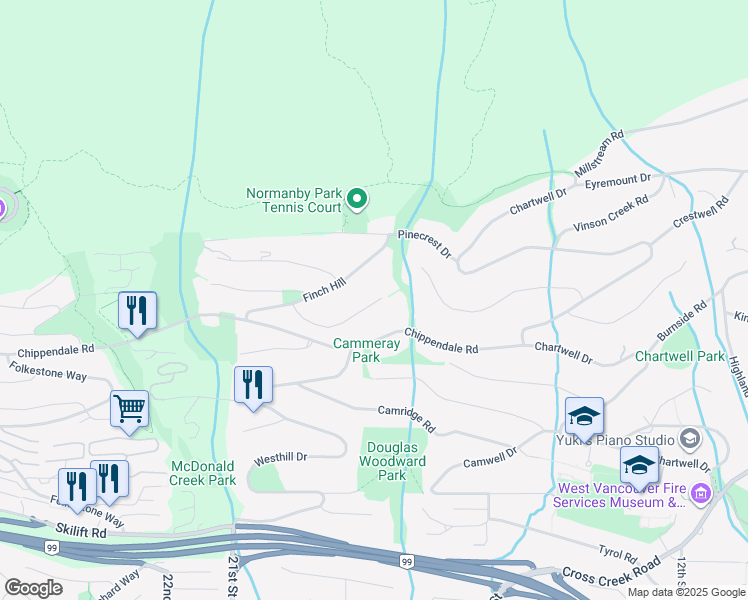 map of restaurants, bars, coffee shops, grocery stores, and more near 1525 Errigal Place in West Vancouver