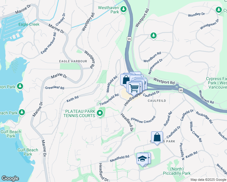 map of restaurants, bars, coffee shops, grocery stores, and more near 5207 Aspen Drive in West Vancouver