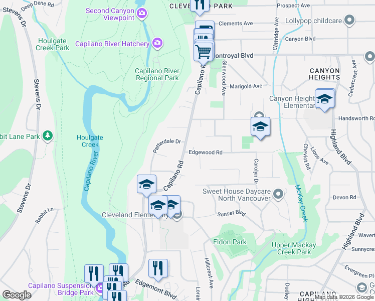 map of restaurants, bars, coffee shops, grocery stores, and more near 1198 Edgewood Road in North Vancouver