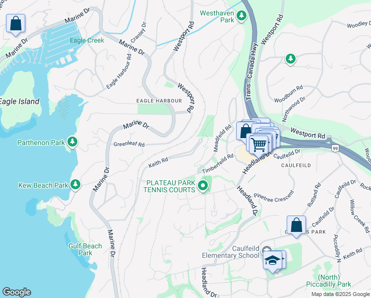 map of restaurants, bars, coffee shops, grocery stores, and more near 5485 Keith Road in West Vancouver