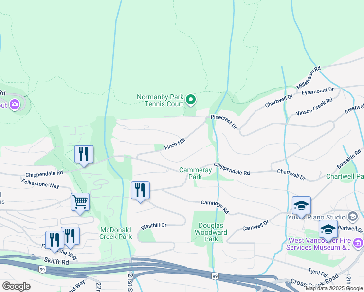 map of restaurants, bars, coffee shops, grocery stores, and more near 2662 Finch Hill in West Vancouver