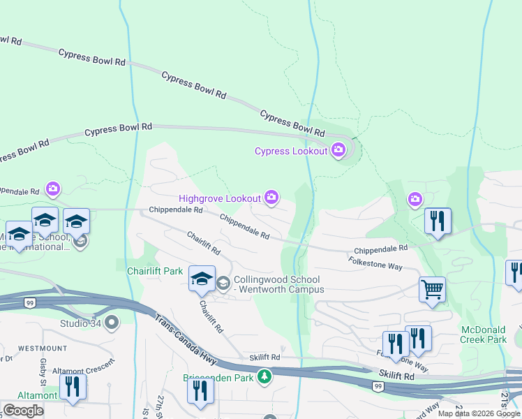 map of restaurants, bars, coffee shops, grocery stores, and more near 2551 Highgrove Mews in West Vancouver