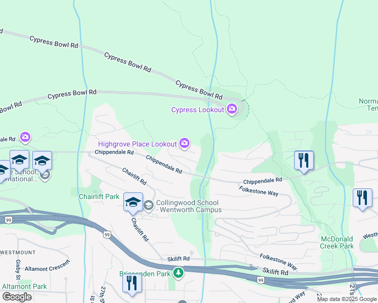 map of restaurants, bars, coffee shops, grocery stores, and more near 2780 Highgrove Place in West Vancouver