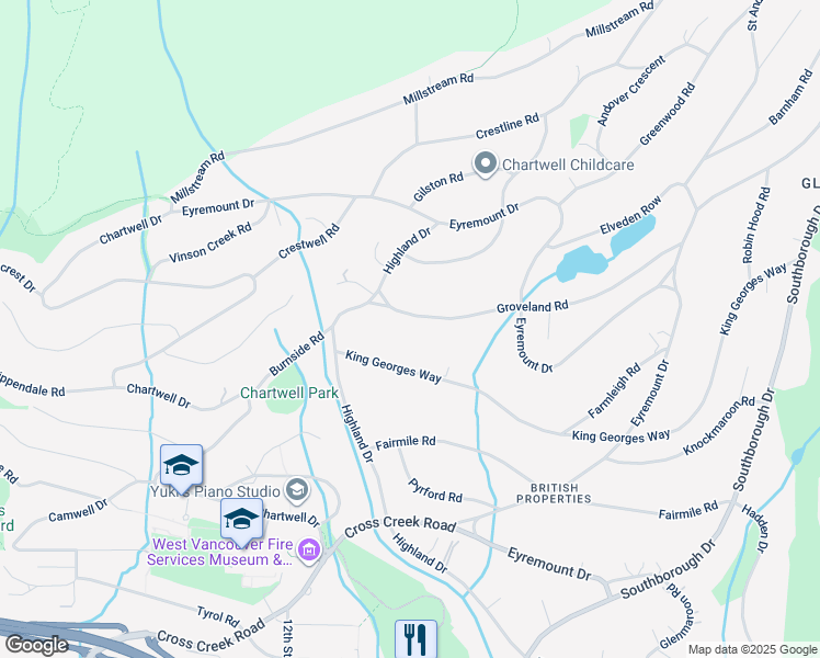map of restaurants, bars, coffee shops, grocery stores, and more near 1084 Groveland Road in West Vancouver