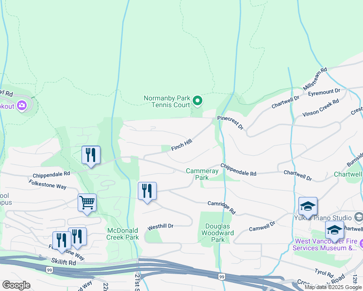 map of restaurants, bars, coffee shops, grocery stores, and more near Finch Hill in West Vancouver