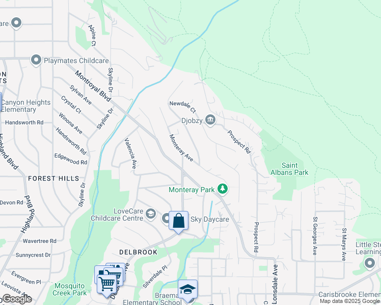 map of restaurants, bars, coffee shops, grocery stores, and more near 382 Monteray Avenue in North Vancouver