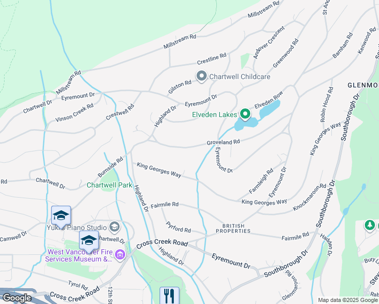 map of restaurants, bars, coffee shops, grocery stores, and more near 1070 Groveland Road in West Vancouver