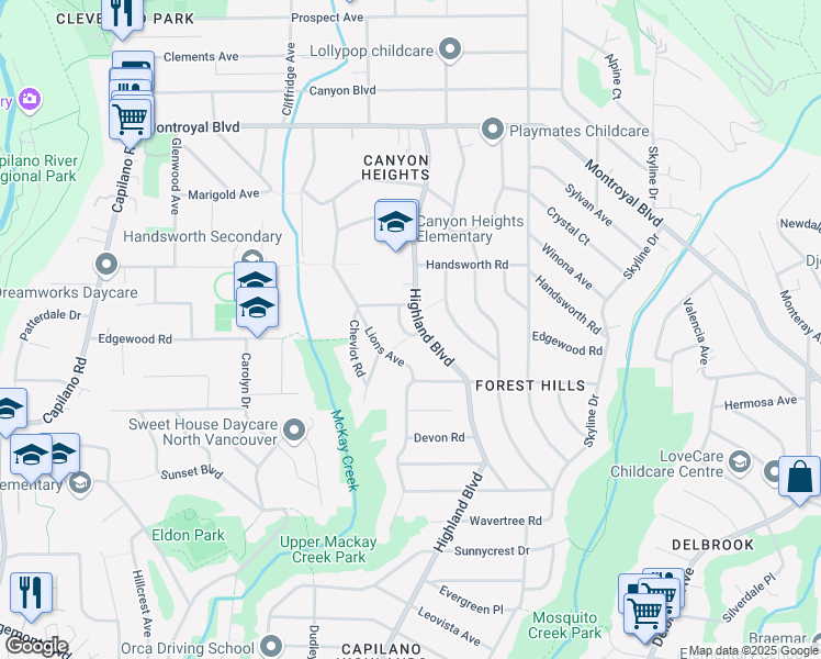 map of restaurants, bars, coffee shops, grocery stores, and more near 4436 Derby Place in North Vancouver