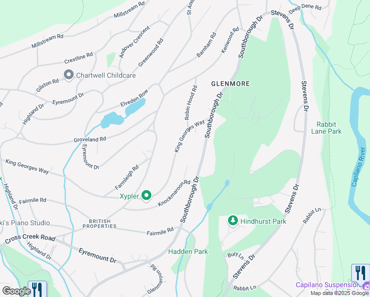 map of restaurants, bars, coffee shops, grocery stores, and more near 638 King Georges Way in West Vancouver