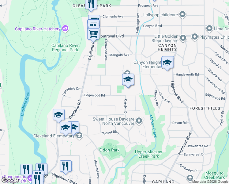map of restaurants, bars, coffee shops, grocery stores, and more near 1070 Edgewood Road in North Vancouver
