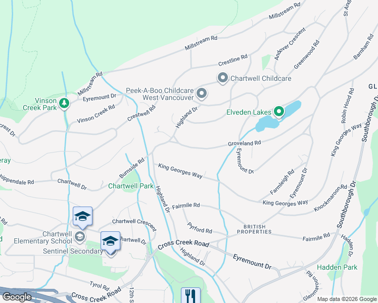 map of restaurants, bars, coffee shops, grocery stores, and more near 1084 Groveland Road in West Vancouver