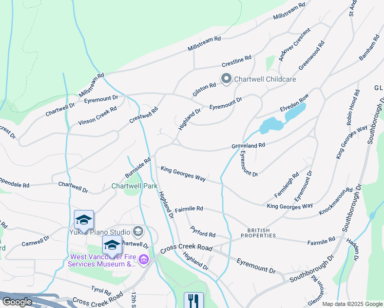 map of restaurants, bars, coffee shops, grocery stores, and more near 1084 Groveland Road in West Vancouver