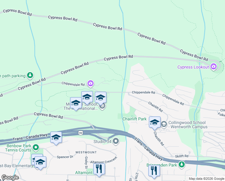 map of restaurants, bars, coffee shops, grocery stores, and more near 2821 Chippendale Road in West Vancouver