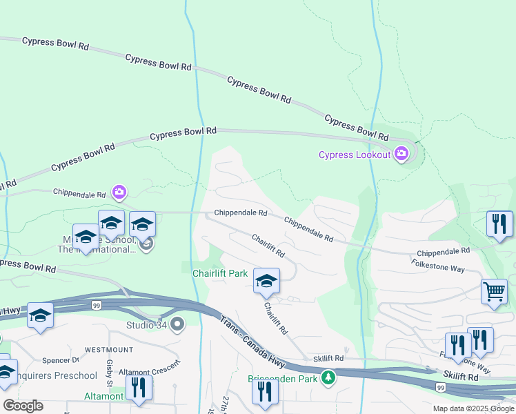 map of restaurants, bars, coffee shops, grocery stores, and more near 2705 Highview Place in West Vancouver