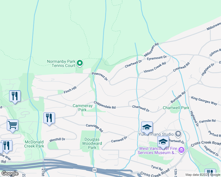 map of restaurants, bars, coffee shops, grocery stores, and more near 1488 Chartwell Drive in West Vancouver