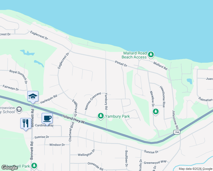 map of restaurants, bars, coffee shops, grocery stores, and more near 1383 Yambury Road in Qualicum Beach
