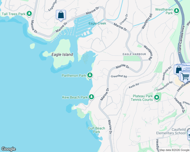 map of restaurants, bars, coffee shops, grocery stores, and more near 5535 Parthenon Place in West Vancouver