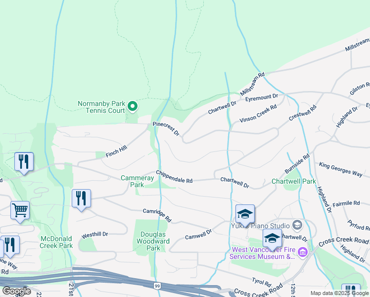 map of restaurants, bars, coffee shops, grocery stores, and more near 1488 Chartwell Drive in West Vancouver
