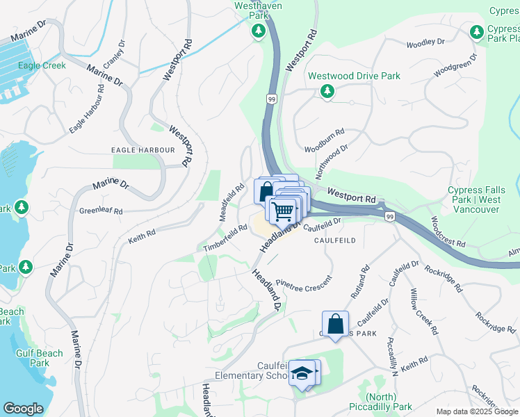 map of restaurants, bars, coffee shops, grocery stores, and more near 5252 Timberfeild Lane in West Vancouver