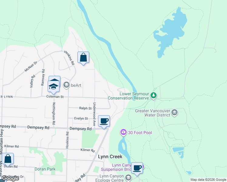 map of restaurants, bars, coffee shops, grocery stores, and more near 4520 Lynn Valley Road in North Vancouver