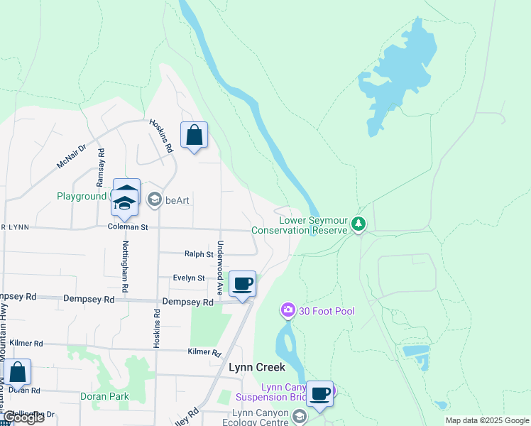 map of restaurants, bars, coffee shops, grocery stores, and more near 4500 Lynn Valley Road in North Vancouver