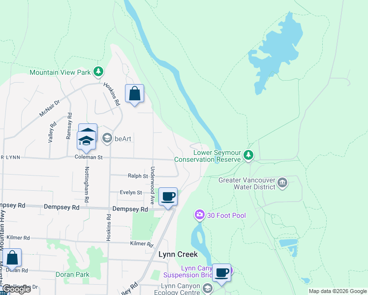 map of restaurants, bars, coffee shops, grocery stores, and more near 4520 Lynn Valley Road in North Vancouver