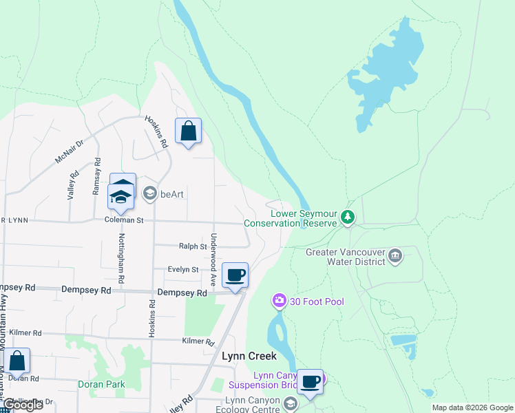 map of restaurants, bars, coffee shops, grocery stores, and more near 4520 Lynn Valley Road in North Vancouver