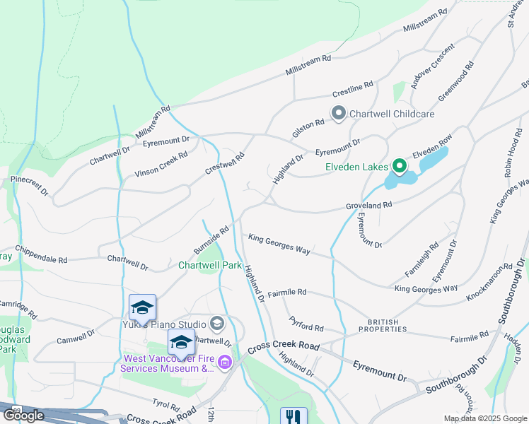 map of restaurants, bars, coffee shops, grocery stores, and more near 1092 Groveland Road in West Vancouver
