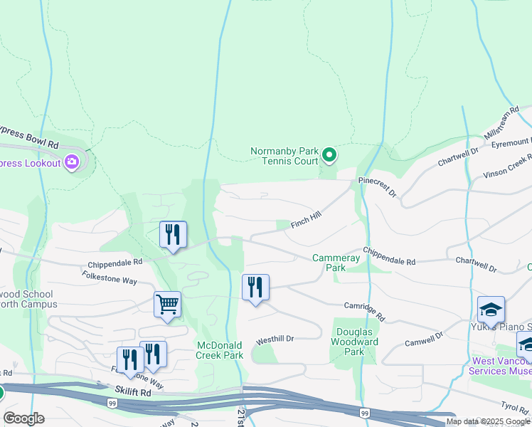 map of restaurants, bars, coffee shops, grocery stores, and more near 1629 Langton Place in West Vancouver