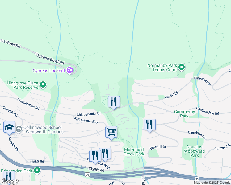 map of restaurants, bars, coffee shops, grocery stores, and more near 2225 Twin Creek Place in West Vancouver