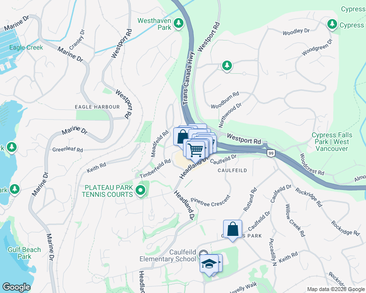 map of restaurants, bars, coffee shops, grocery stores, and more near 5260 Timberfeild Lane in West Vancouver