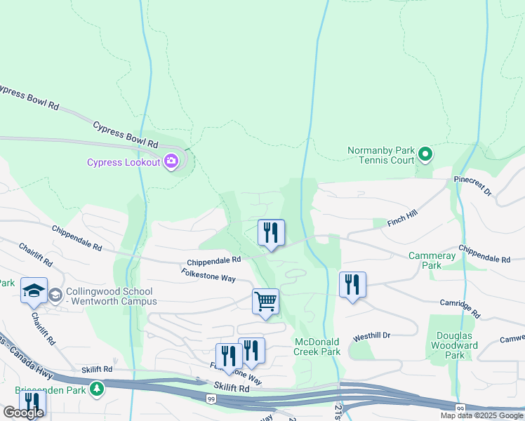 map of restaurants, bars, coffee shops, grocery stores, and more near 2285 Twin Creek Place in West Vancouver