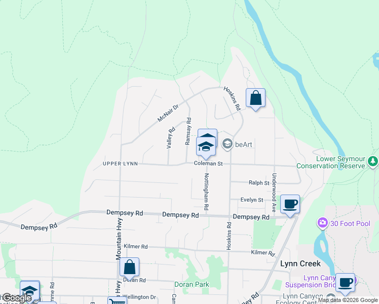 map of restaurants, bars, coffee shops, grocery stores, and more near 4536 Ramsay Road in North Vancouver