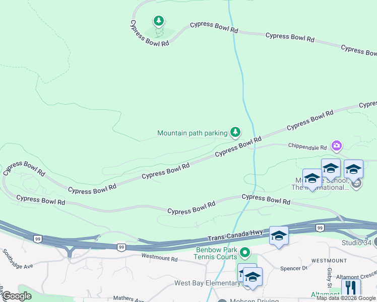 map of restaurants, bars, coffee shops, grocery stores, and more near Uplands Way in West Vancouver