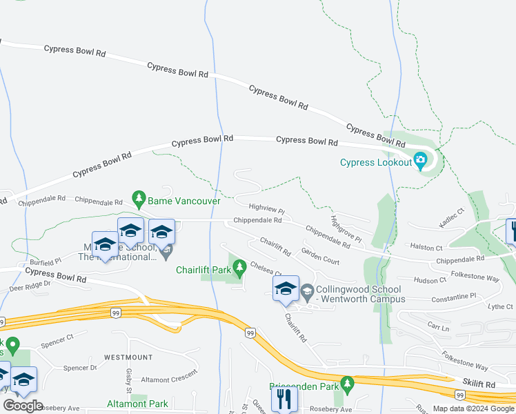 map of restaurants, bars, coffee shops, grocery stores, and more near 2751 Highview Place in West Vancouver
