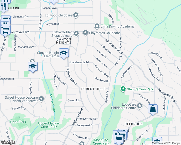 map of restaurants, bars, coffee shops, grocery stores, and more near 4429 Ruskin Place in North Vancouver