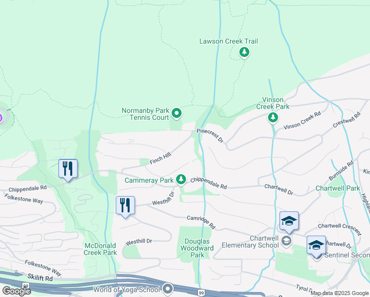 map of restaurants, bars, coffee shops, grocery stores, and more near 2682 Finch Hill in West Vancouver